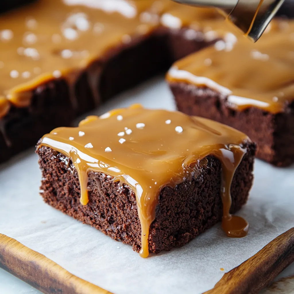 A piece of chocolate cake with caramel sauce drizzled on top.