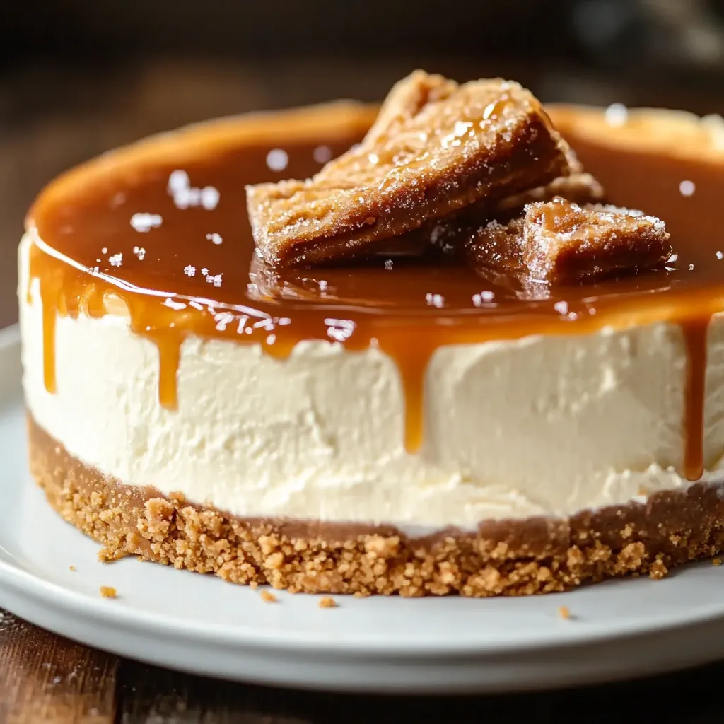 A slice of caramel cheesecake on a plate.