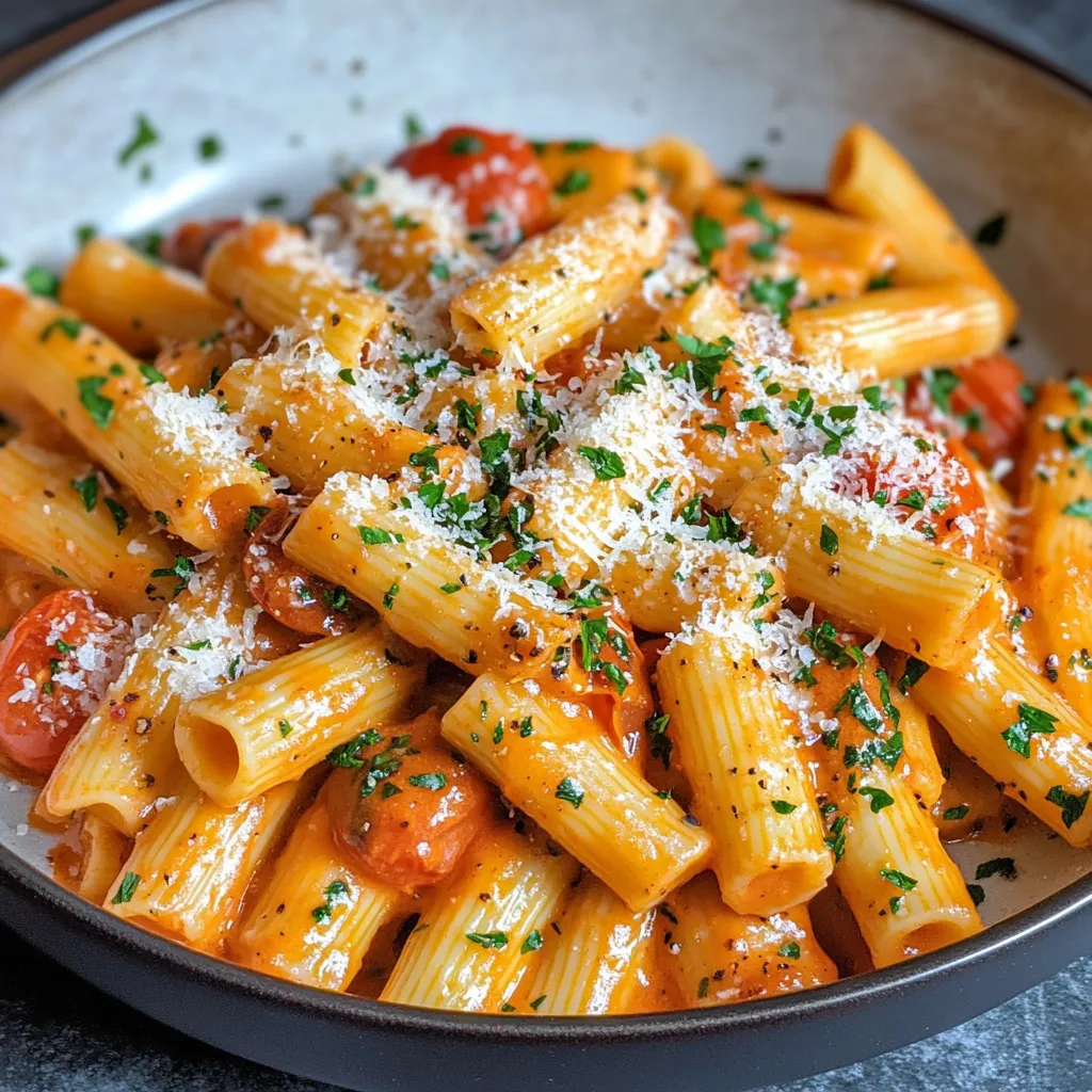Pasta loaded with tomatoes and shredded cheese on a plate.