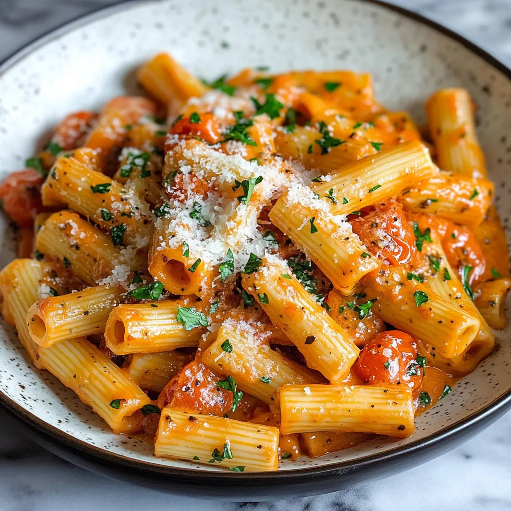 A plate of pasta with tomatoes and cheese.