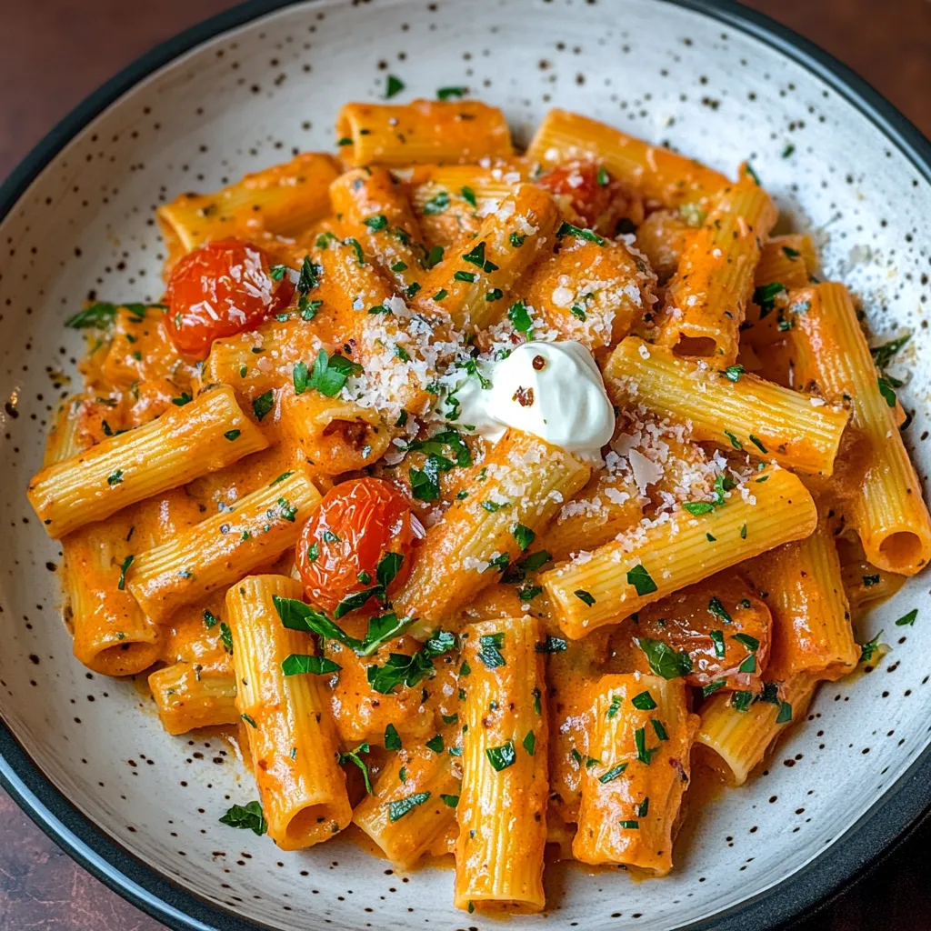 A bowl of pasta with tomatoes and cheese.