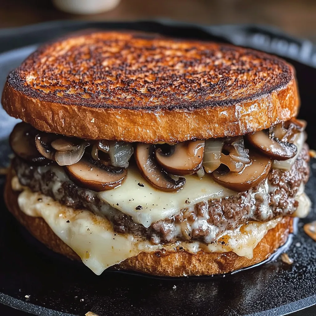 Melted sandwich piled with mushrooms and cheese.