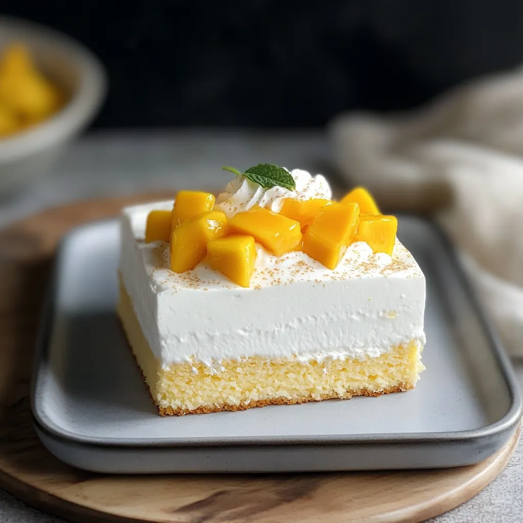 A slice of cake with white frosting and yellow fruit.