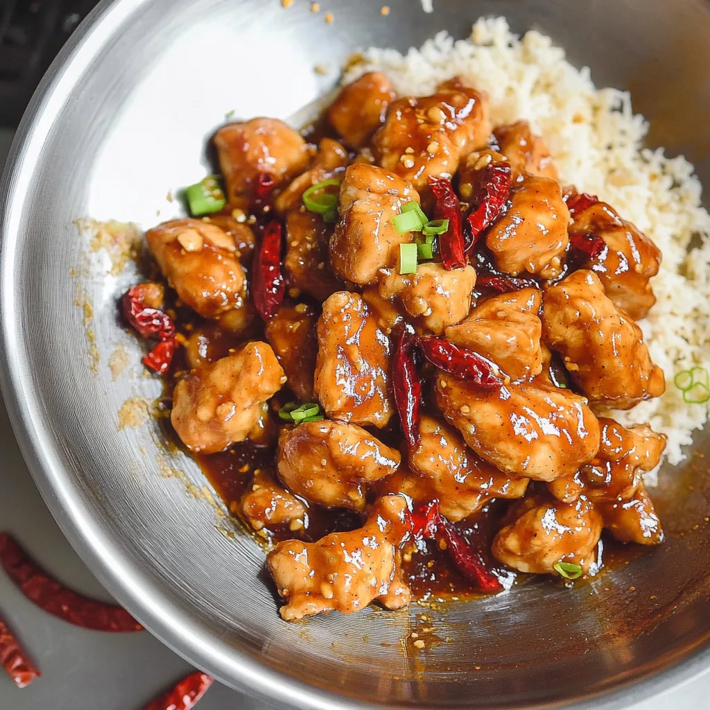 Chicken and white rice in a bowl.