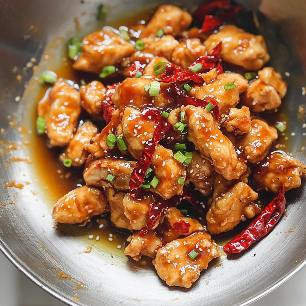 A bowl of chicken with red peppers and green onions.