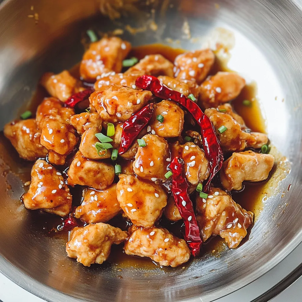 A bowl of chicken with peppers and sauce.