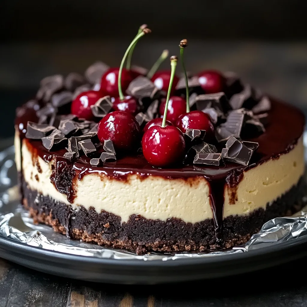 Chocolate cheesecake slice topped with cherries and whipped cream.
