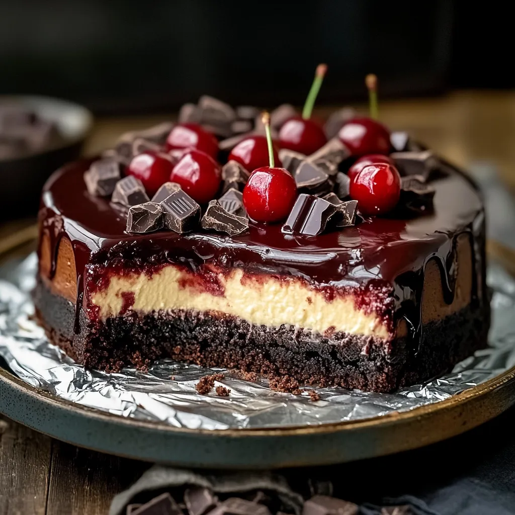 A slice of chocolate cake with cherries on top.