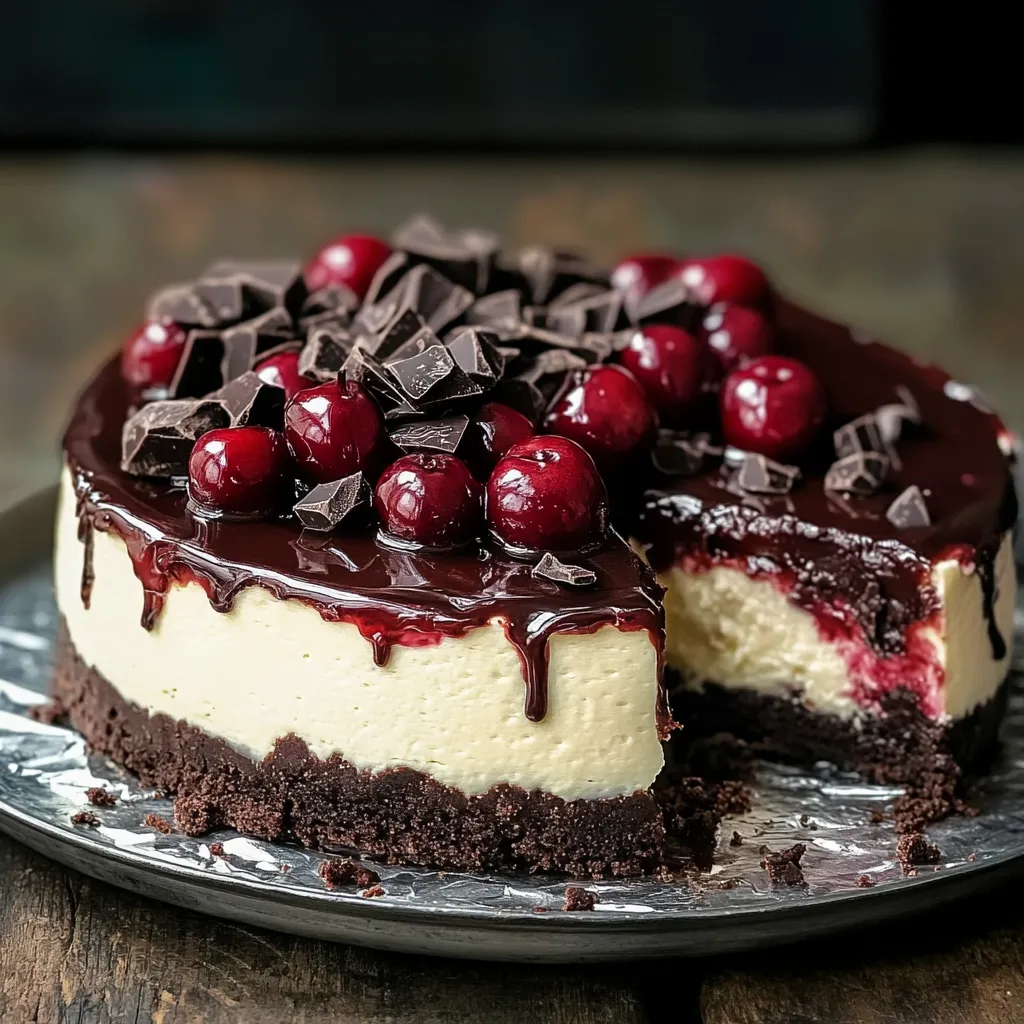 A slice of chocolate cake with chocolate chips and cherries.