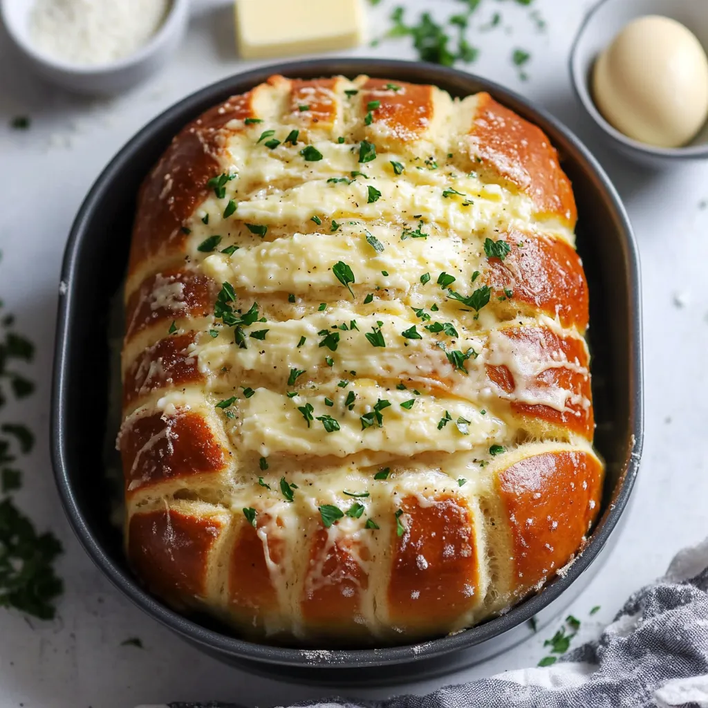 A loaf of bread with cheese and herbs.