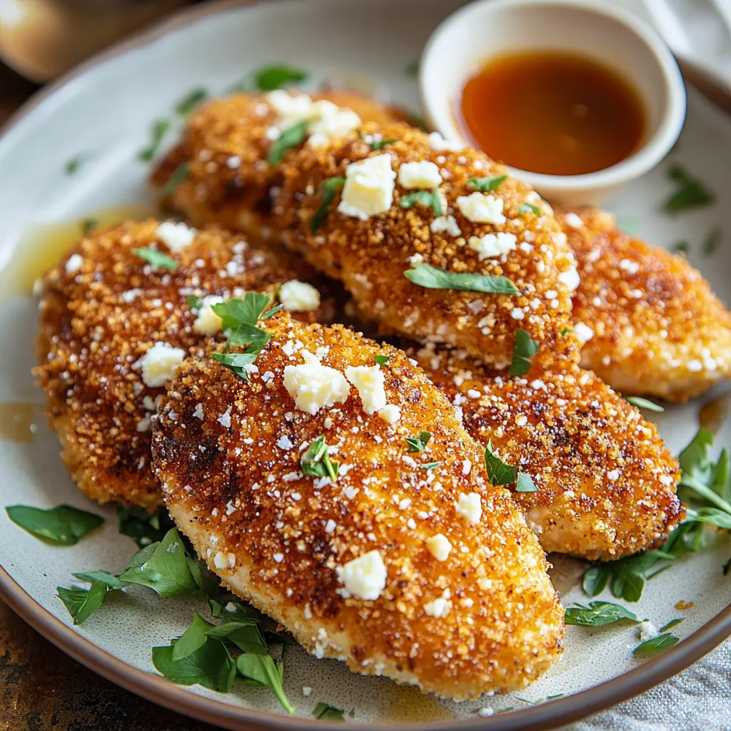 Cheesy saucy chicken on a plate.