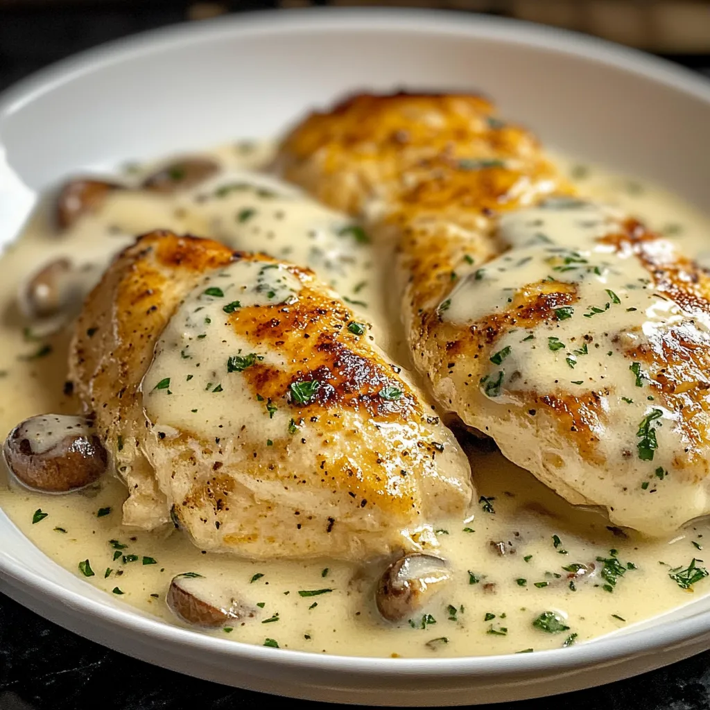 A plate of chicken with mushrooms and sauce.