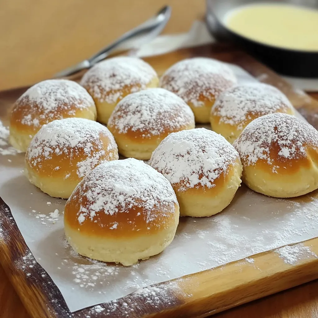 Platter stacked with puffy sugar-coated doughnuts.