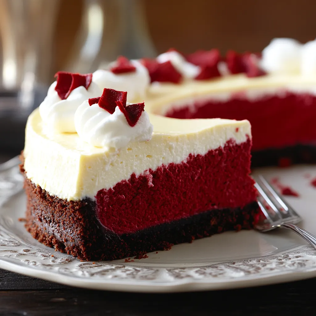 A slice of red velvet cake on a plate.