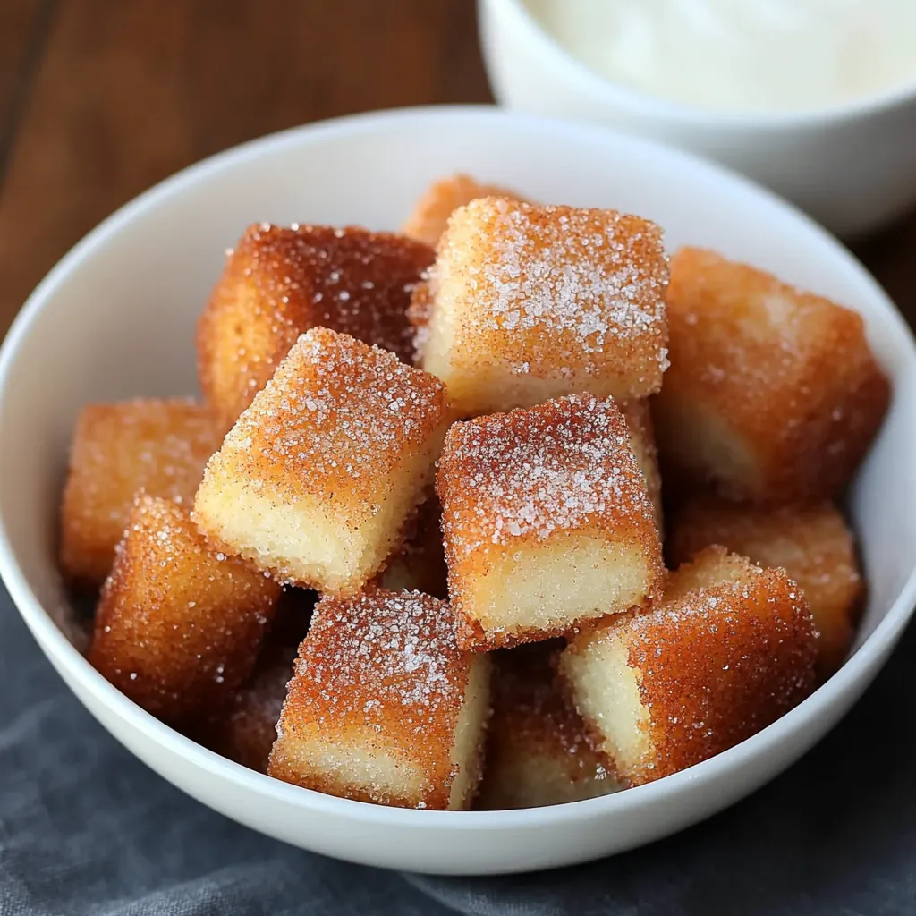 Bowl filled with cake cubes rolled in cinnamon sugar.