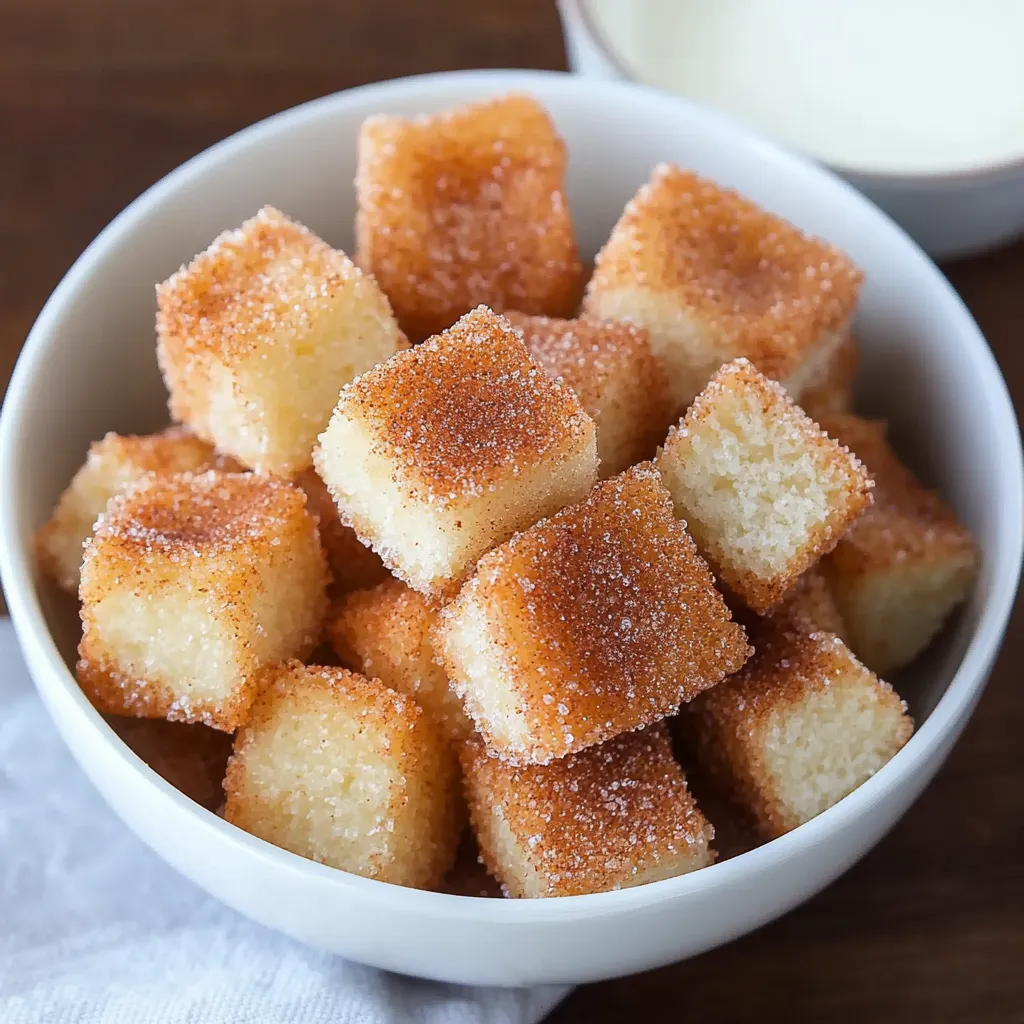 A bowl filled with cubes of cake rolled in cinnamon sugar.