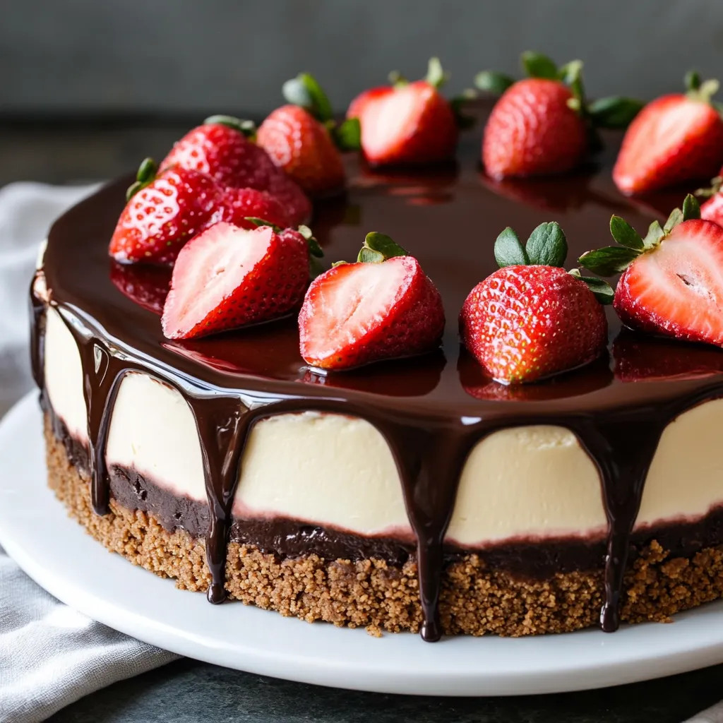 Big slice of chocolate cheesecake piled with fresh strawberries.