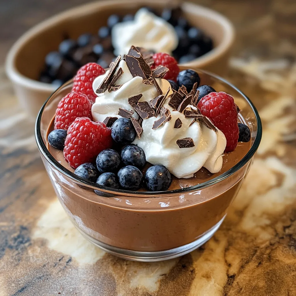 Chocolate yogurt with raspberries in a bowl.
