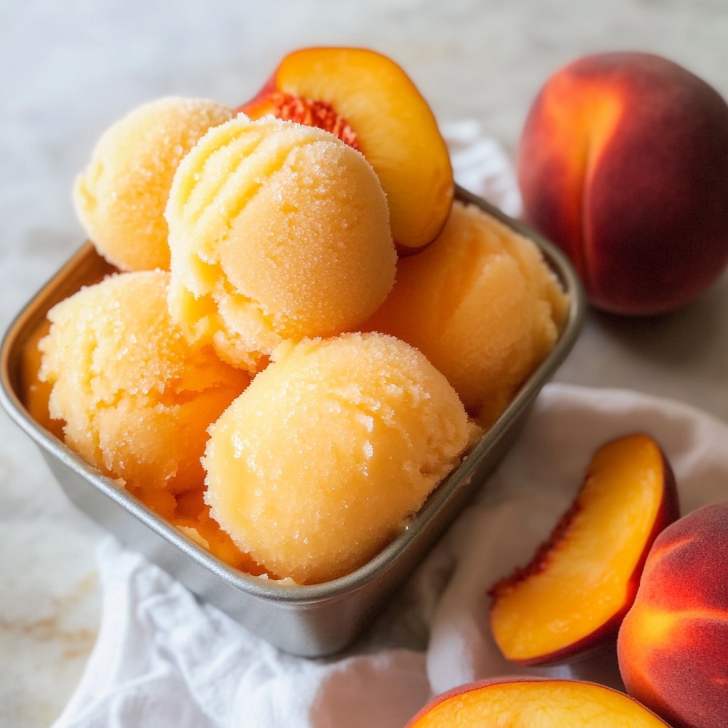 A container with peaches and a scoop of peach ice cream.