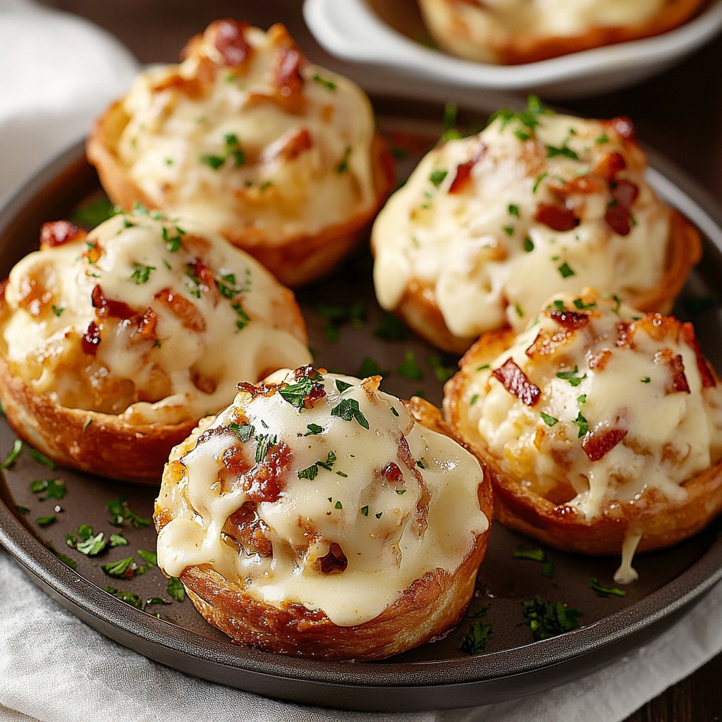 Stack of cheesy bacon and chicken appetizers.