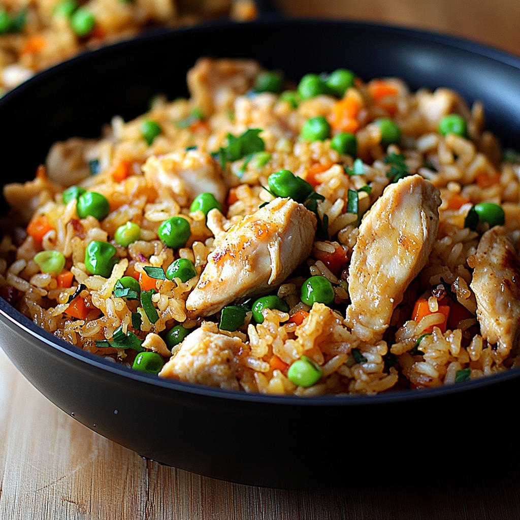 A bowl of rice with chicken and peas.