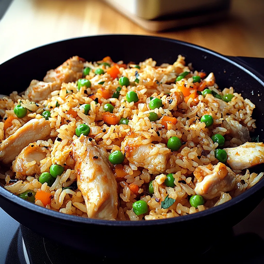 A bowl of rice with chicken and peas.