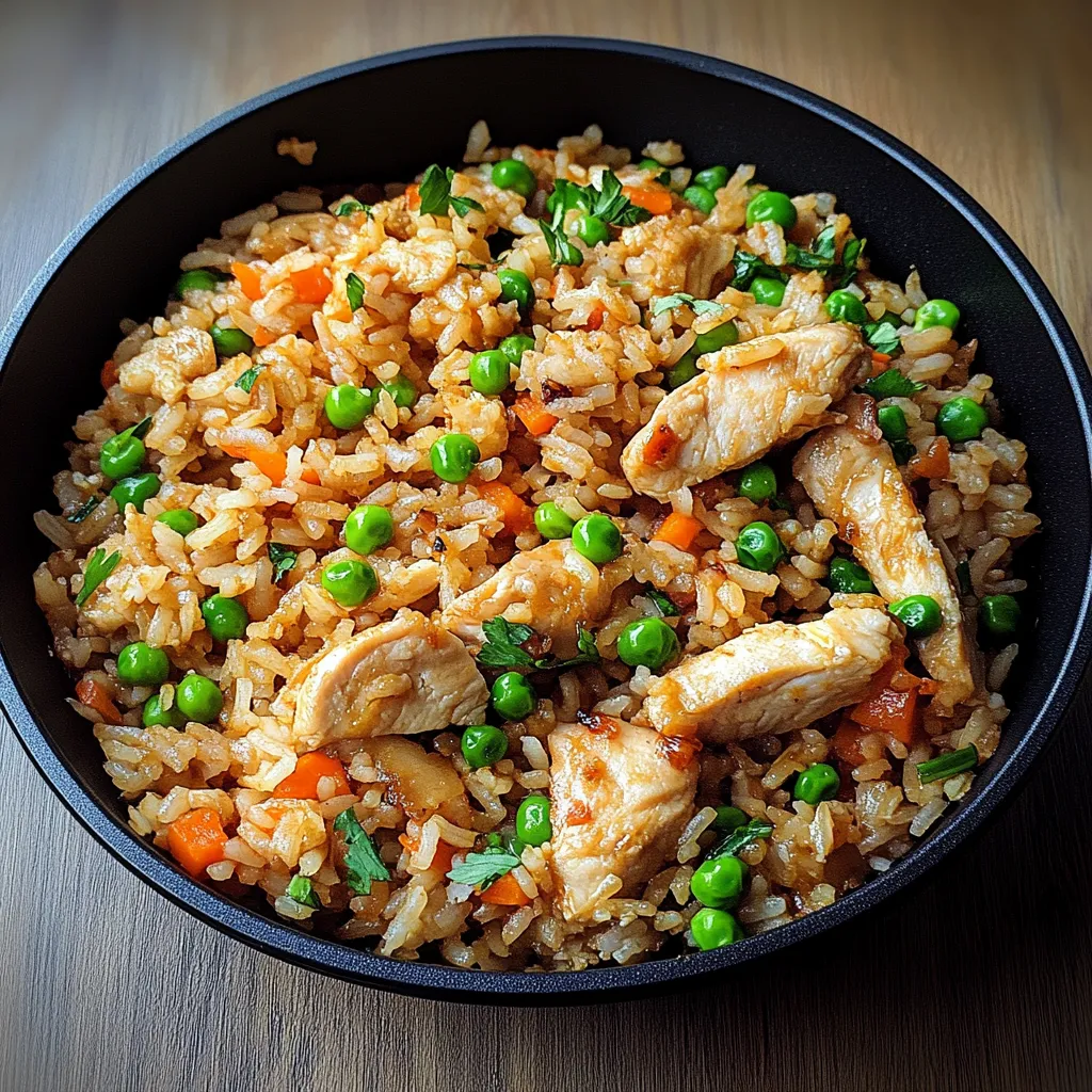 A bowl of rice with chicken and peas.