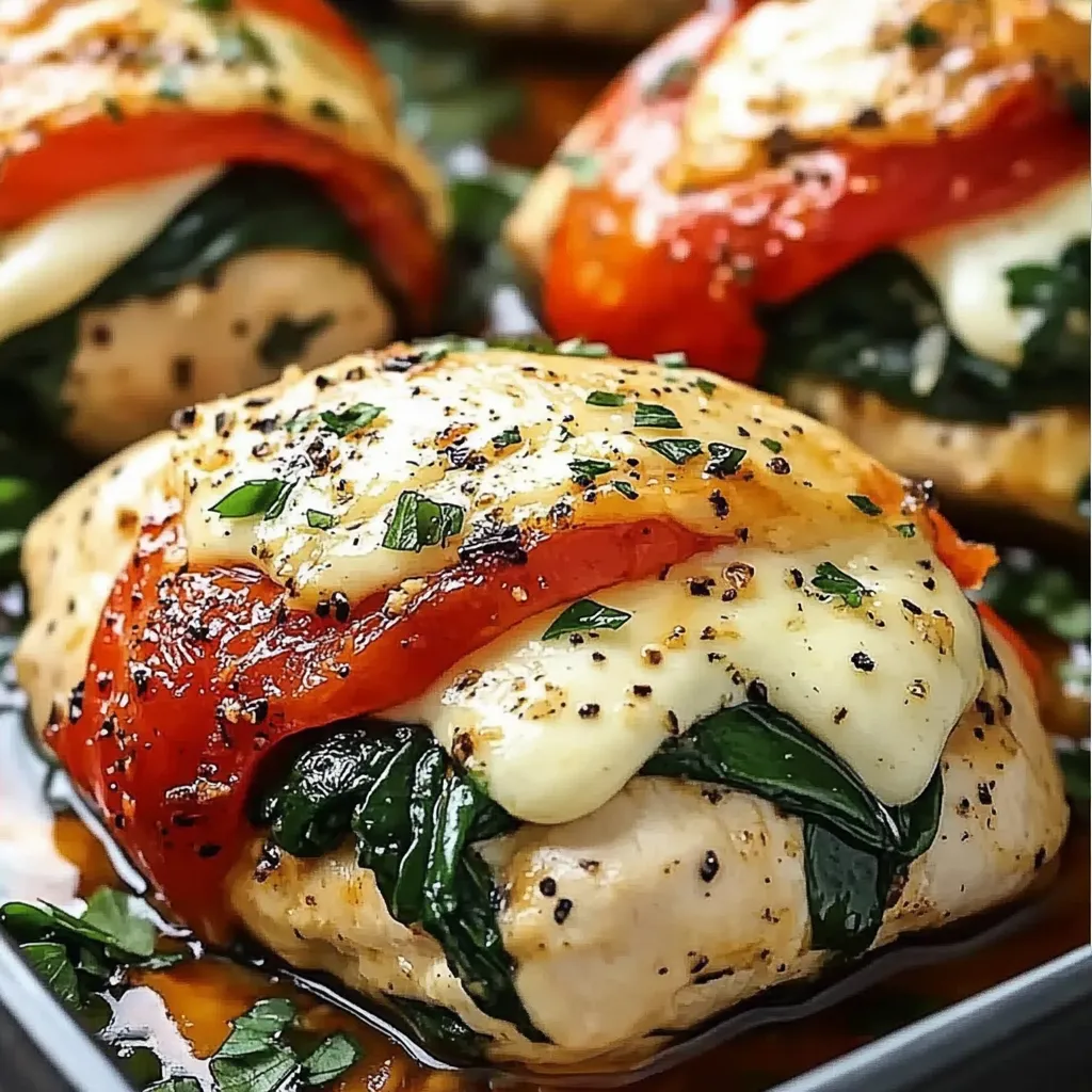 Juicy chicken loaded with spinach, roasted pepper, and cheese on a plate.