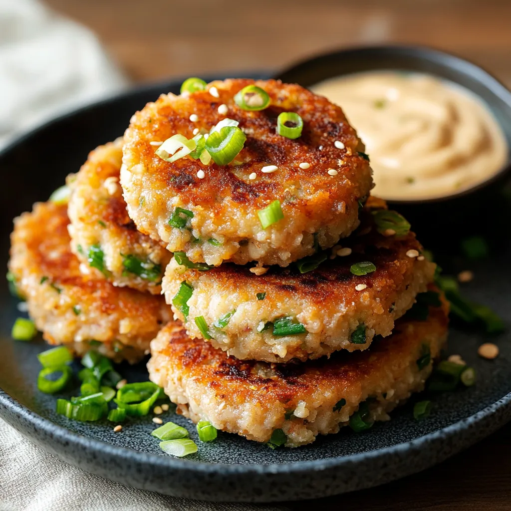A golden stack of tuna patties next to a side of creamy sauce.