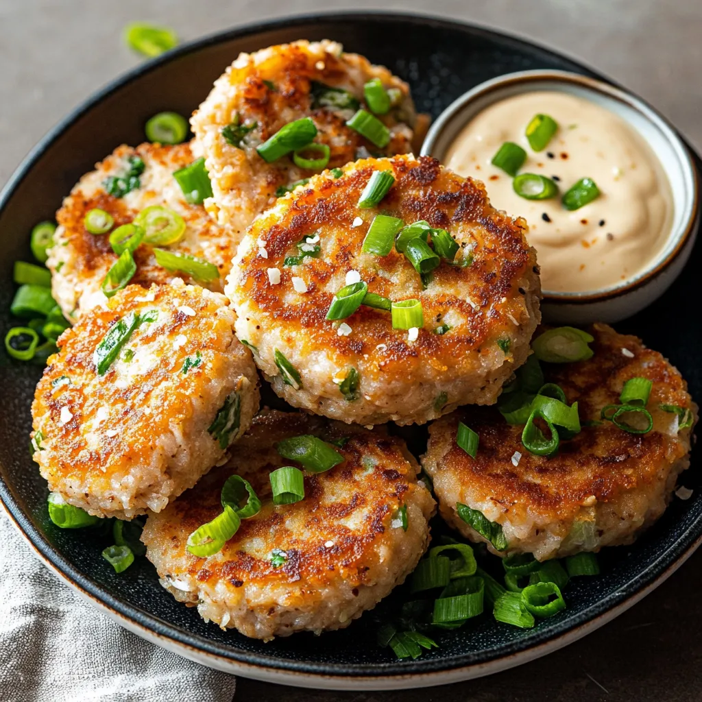 A plate stacked with tuna cakes and a side of dipping sauce.