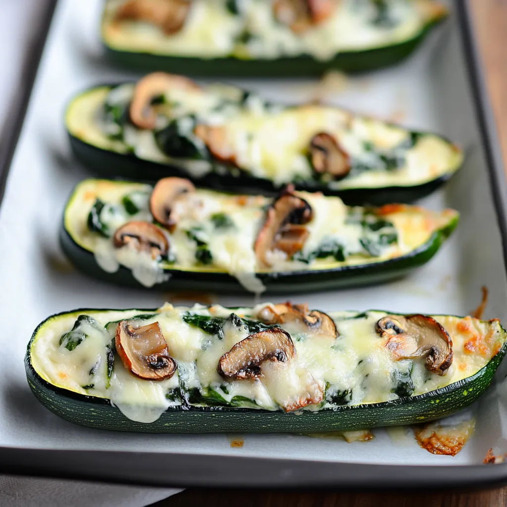 Zucchini loaded with mushrooms, cheese, and spinach on a plate.