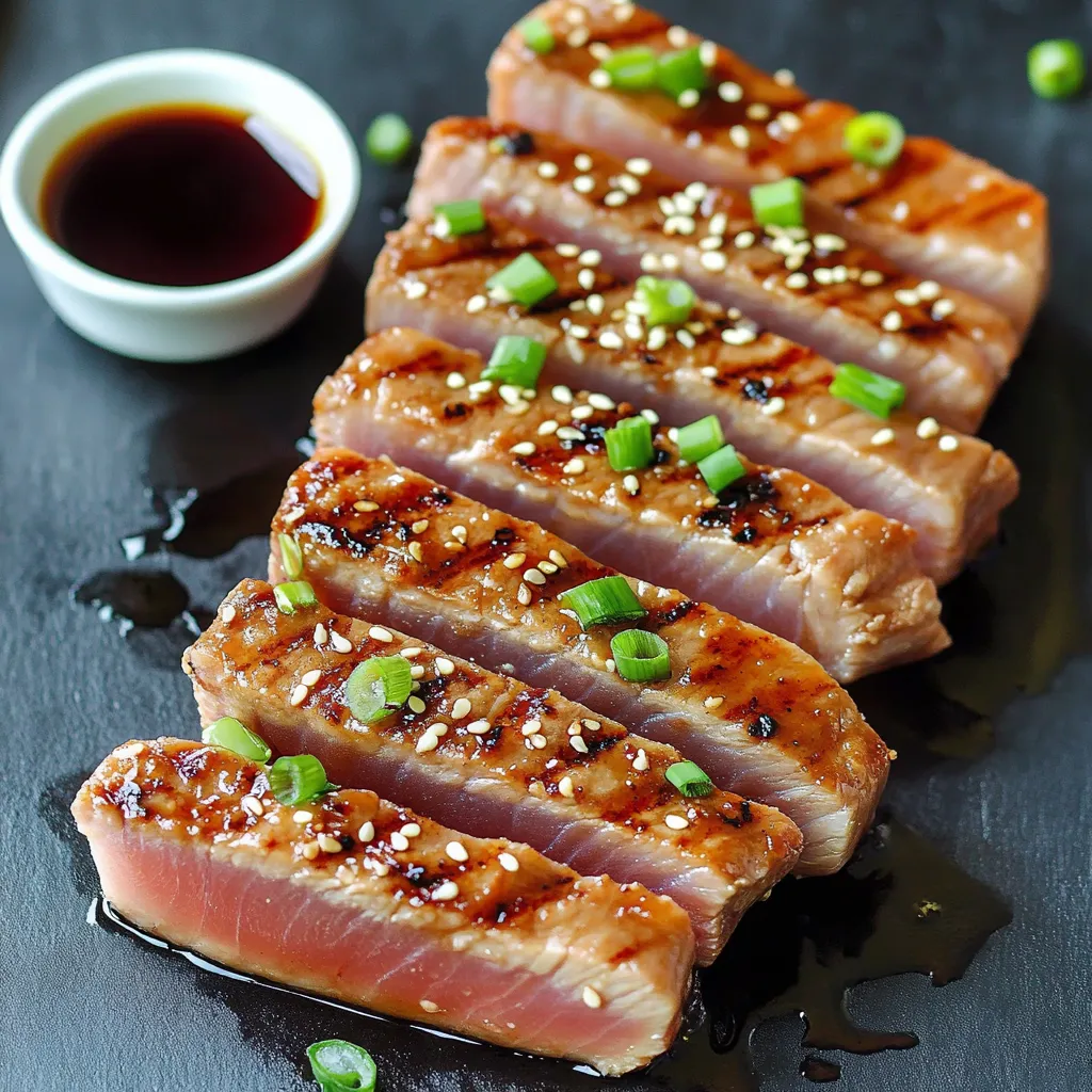 Sauce in a bowl beside a plate of grilled tuna.