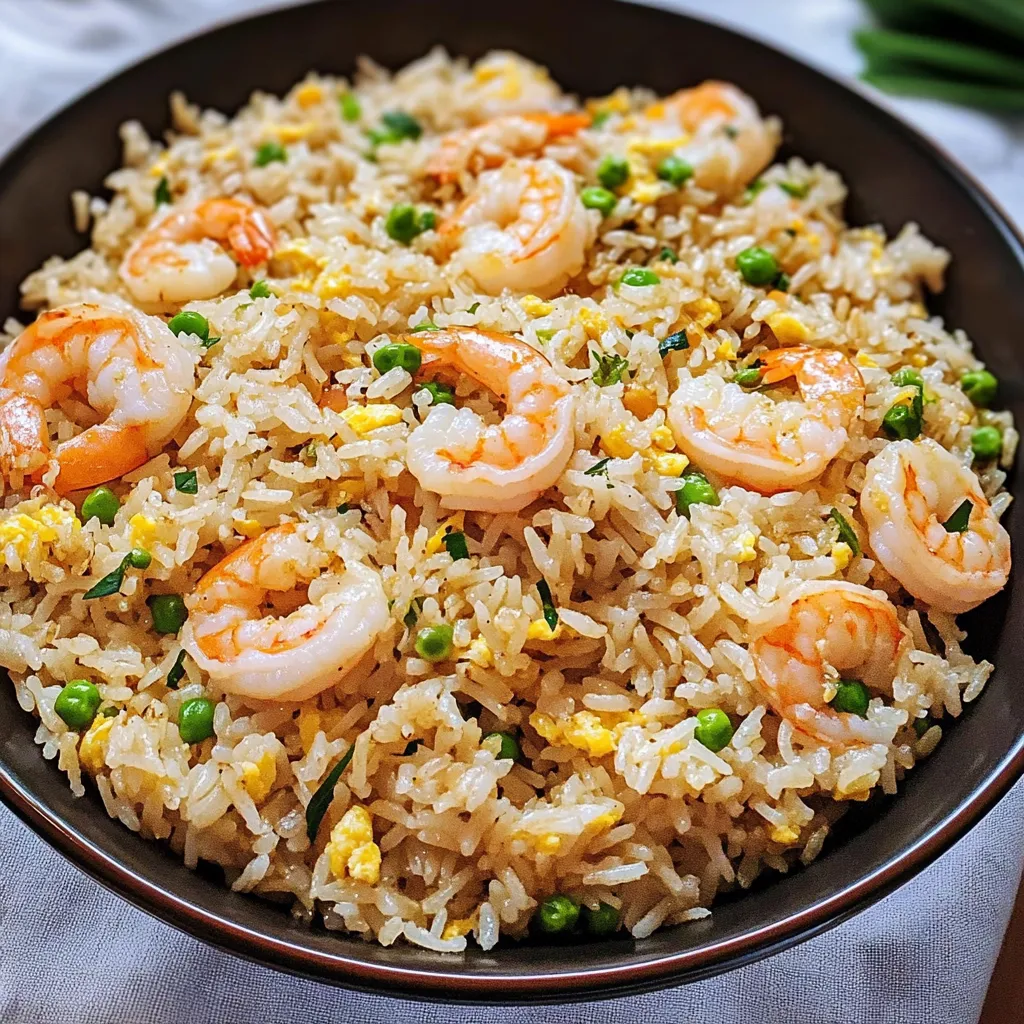 A bowl of rice with shrimp and peas.