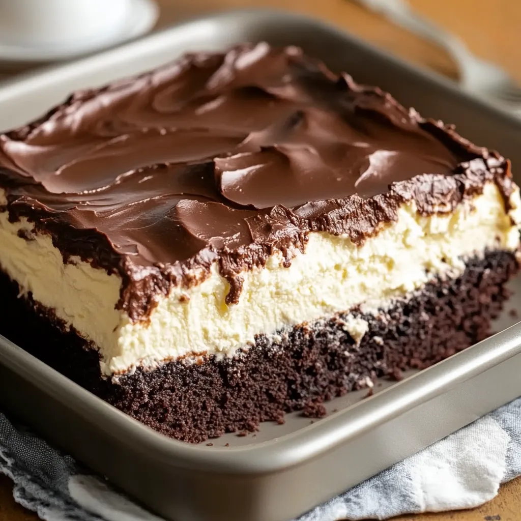 Chocolate frosted cake slice on a plate.