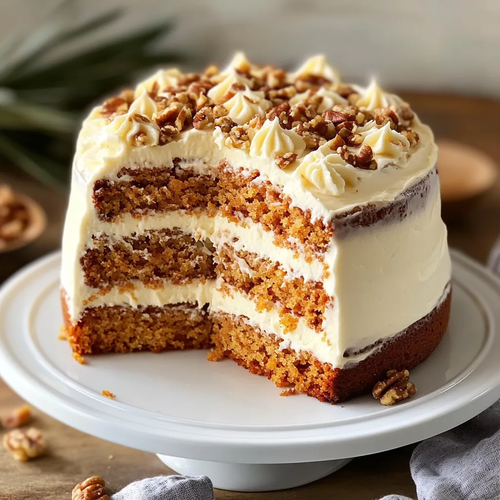 Slice of frosted carrot cake topped with nuts.