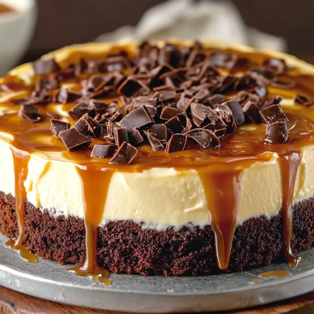 Slice of cake with gooey caramel on top.