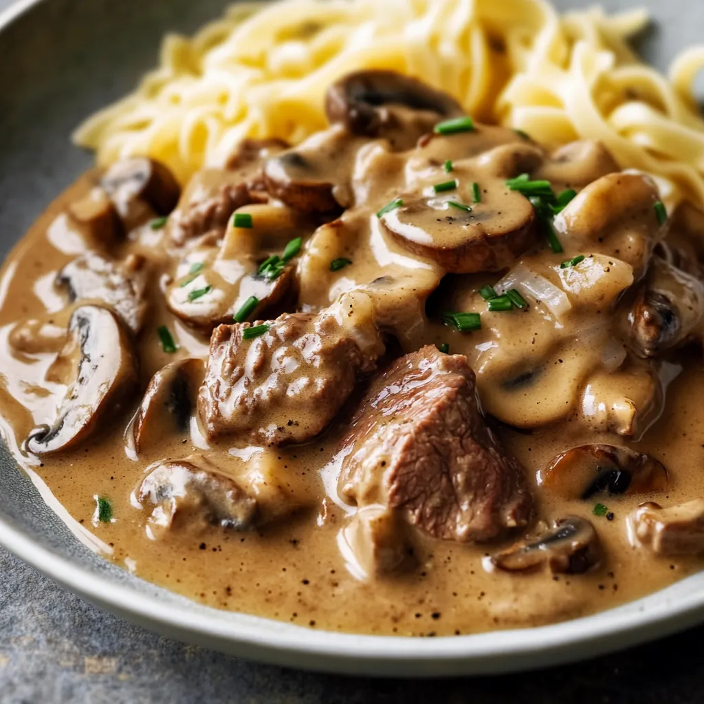 Creamy beef with mushrooms on noodles.