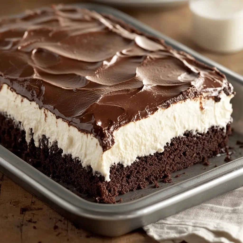 A slice of chocolate cake with white frosting.