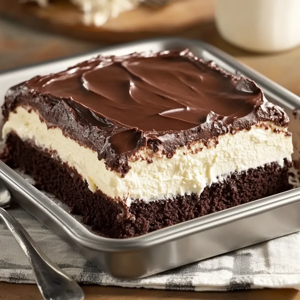 A piece of chocolate cake with chocolate frosting.
