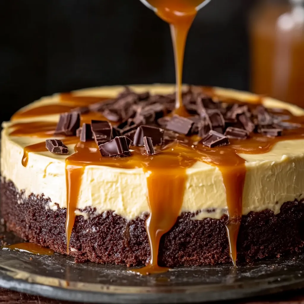 A slice of cake with caramel drizzled on top.