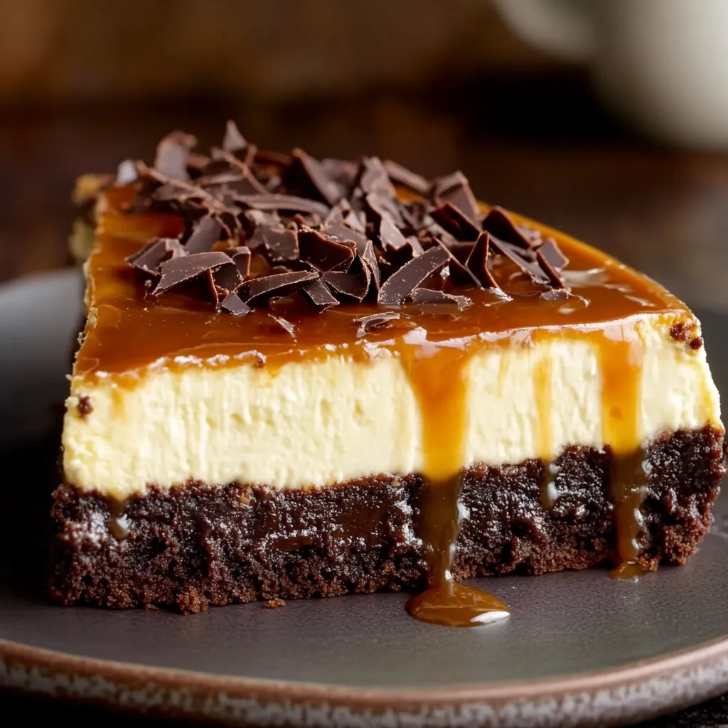 A slice of chocolate cake with caramel drizzle.