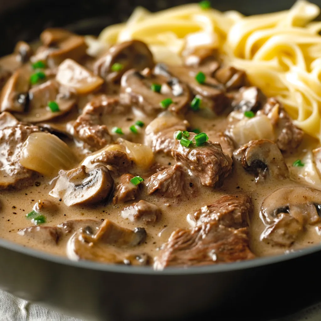 A bowl of pasta with mushrooms and meat.