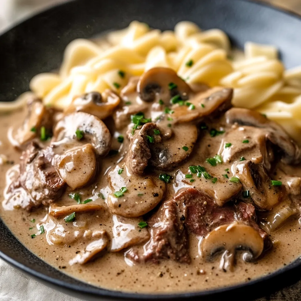 A plate of food with mushrooms and noodles.