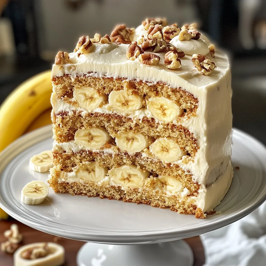 Banana walnut cake slice topped with fresh banana.