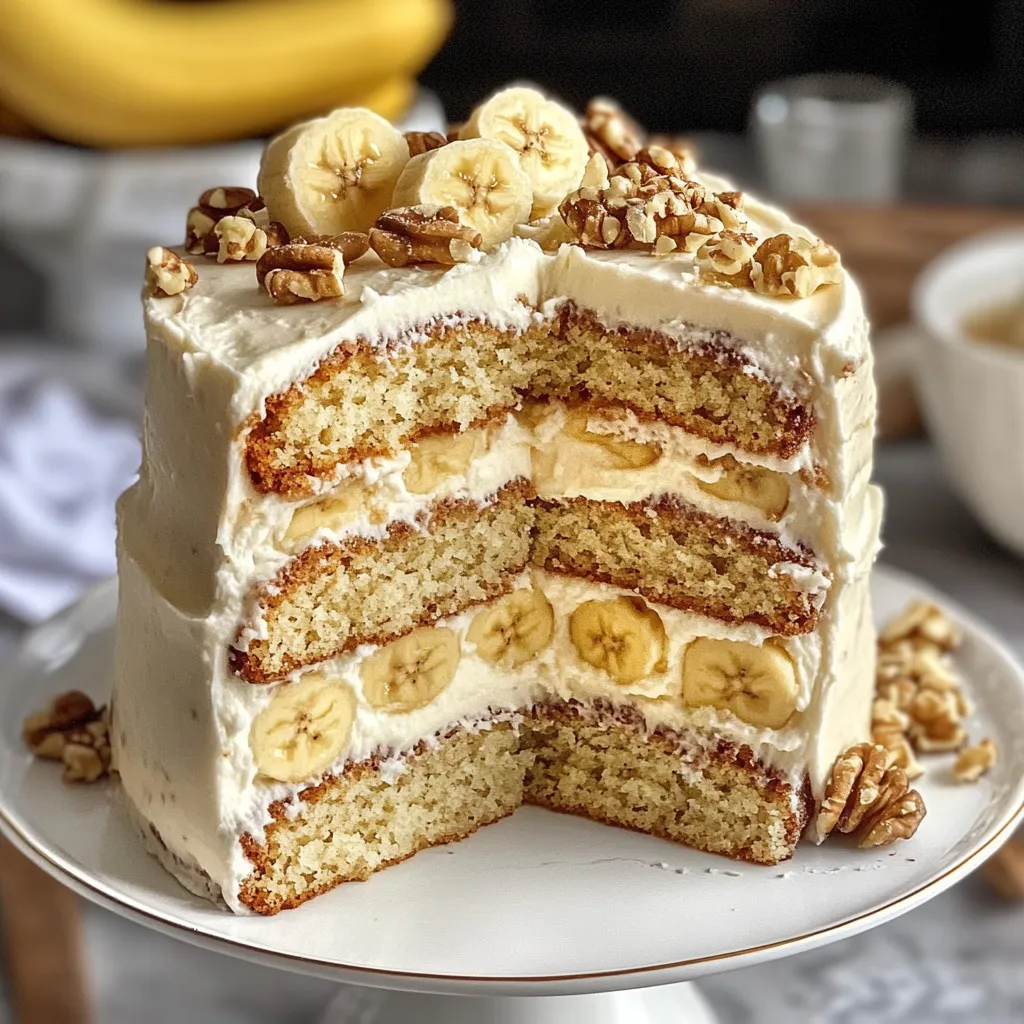 A slice of cake with bananas on top.