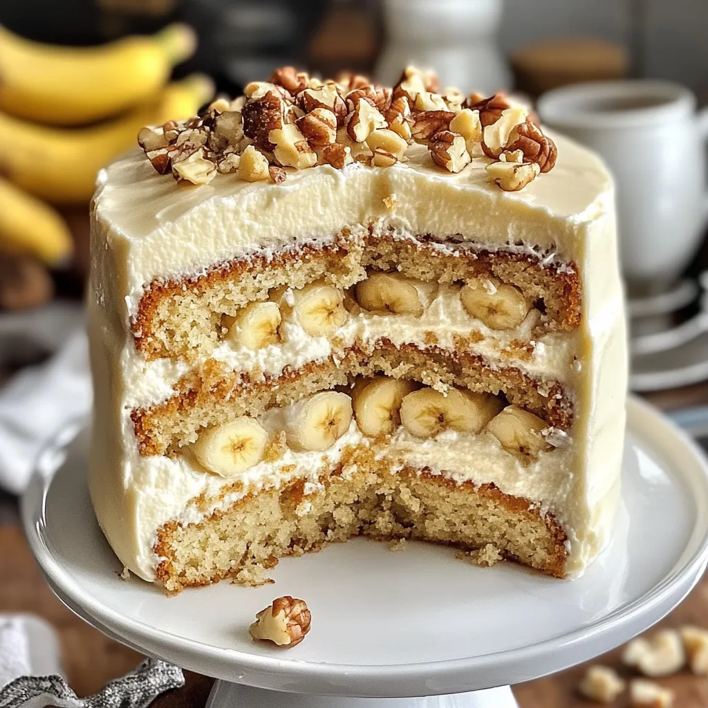 A slice of cake with bananas on top.