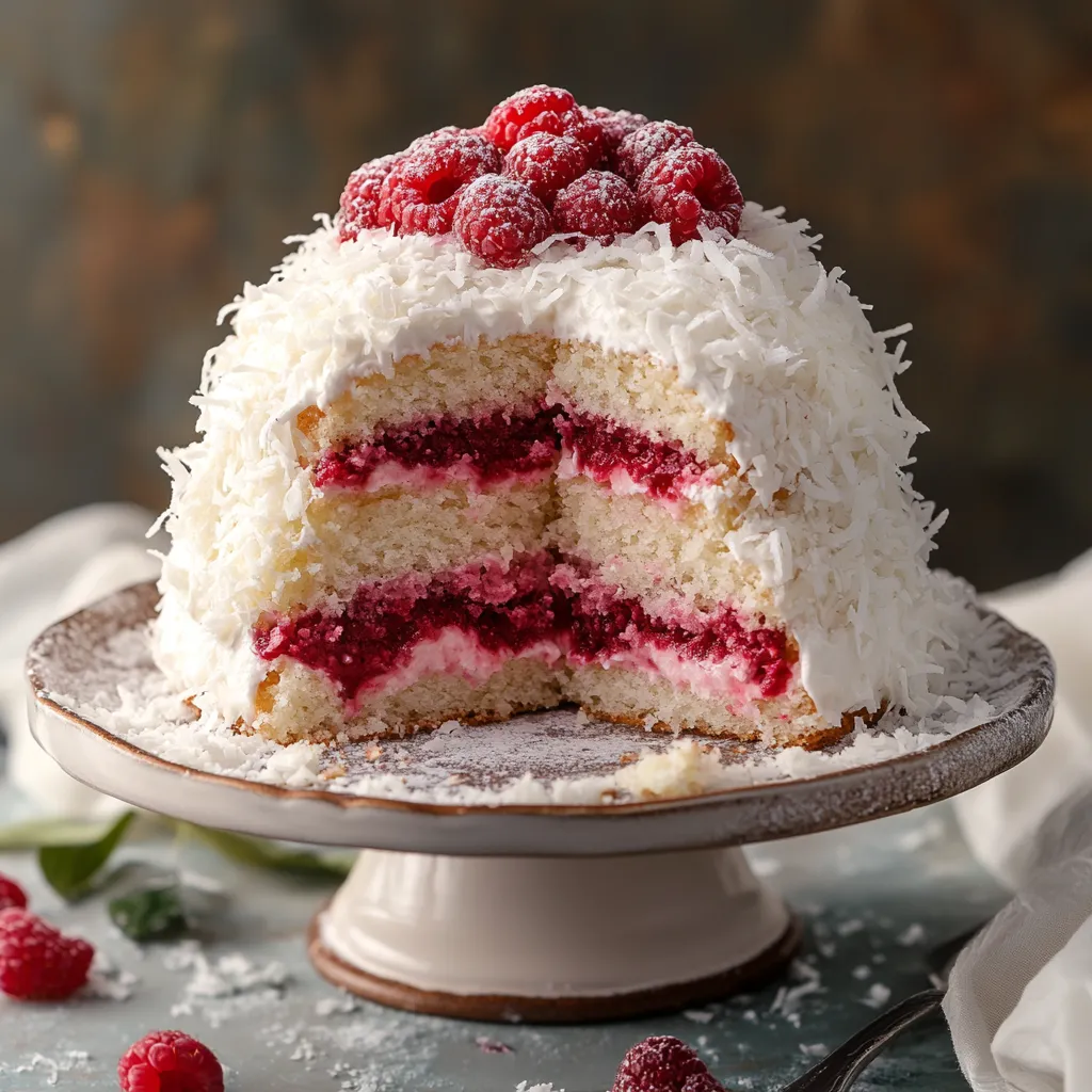 Yummy slice of coconut cake with raspberries on top.