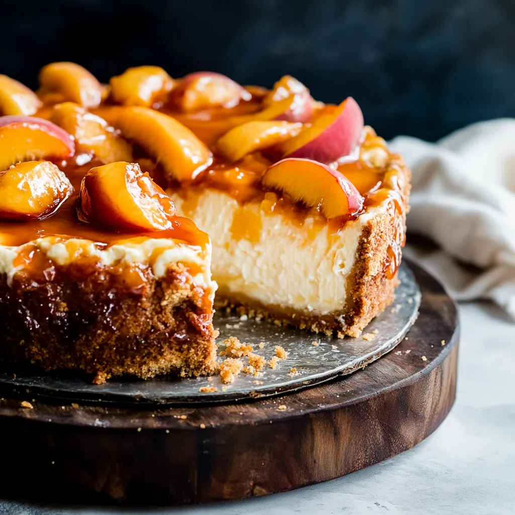 Cheesecake slice piled with juicy peaches on top.