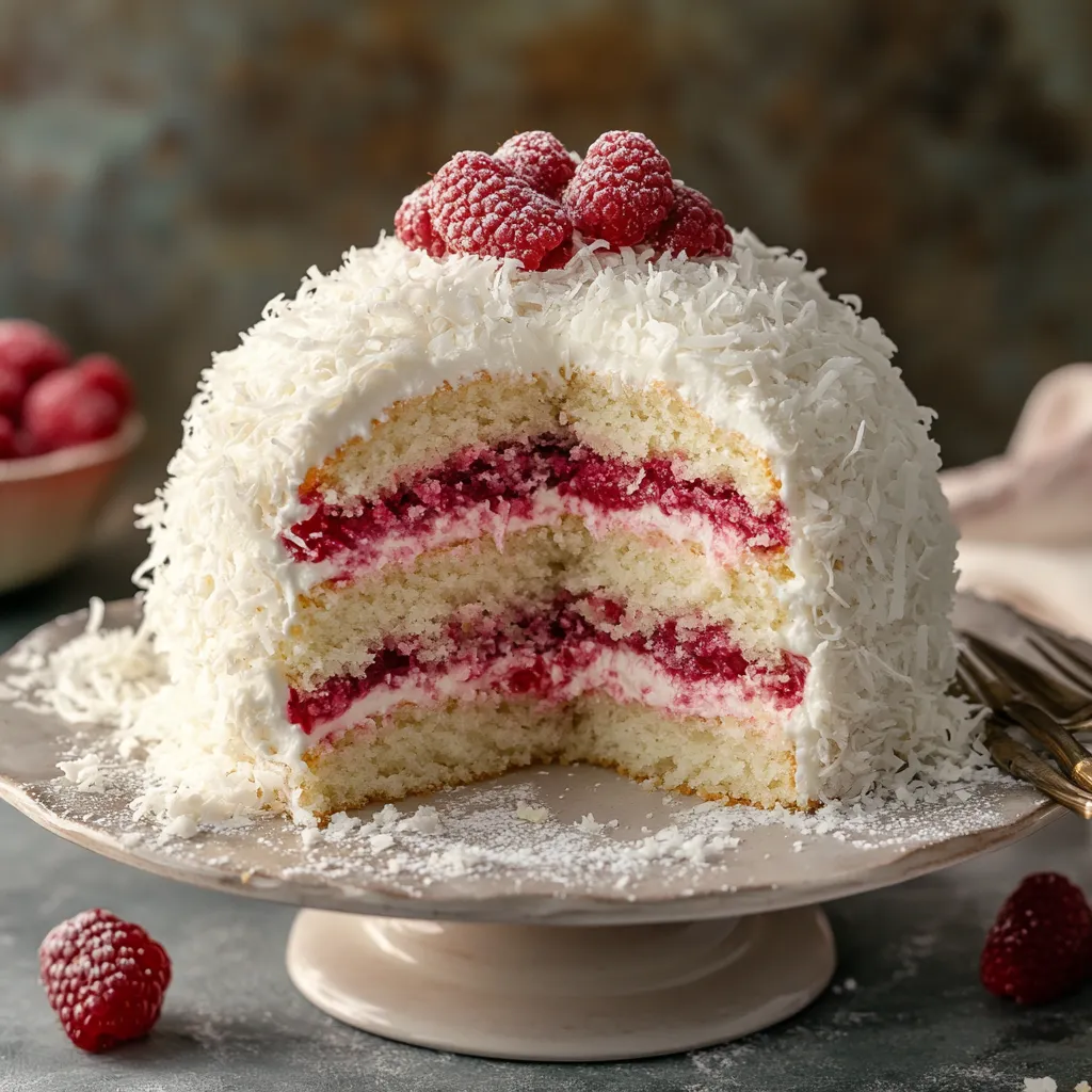 A slice of cake with raspberries on top.