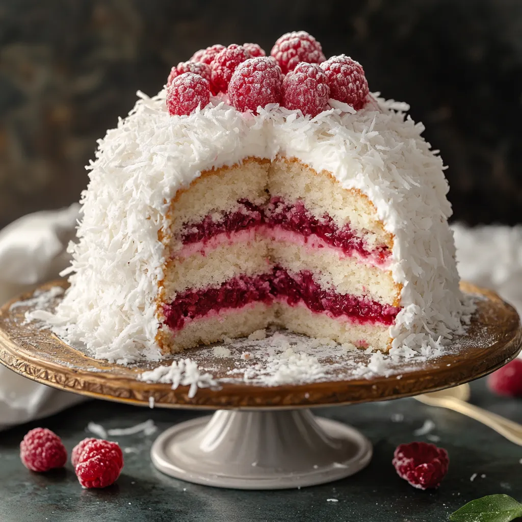 A slice of cake with raspberries on top.